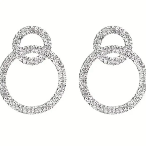 14K White Gold Plated Round Brilliant Cut Rhinestone Dangle Drop Earrings - Picture 4 of 4